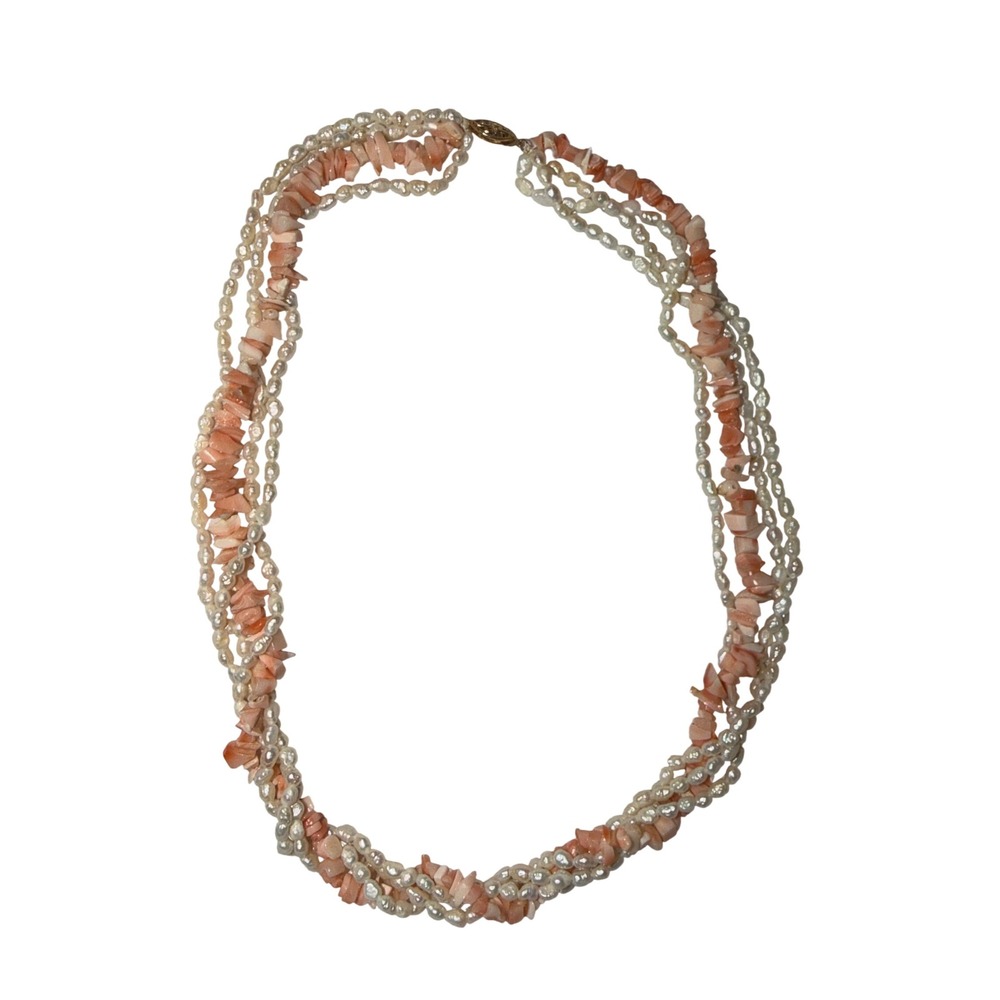 Vtg Pink Coral Freshwater Keshi Pearls Necklace 14K Gold Clasp Multi Strand Lux - Picture 3 of 8